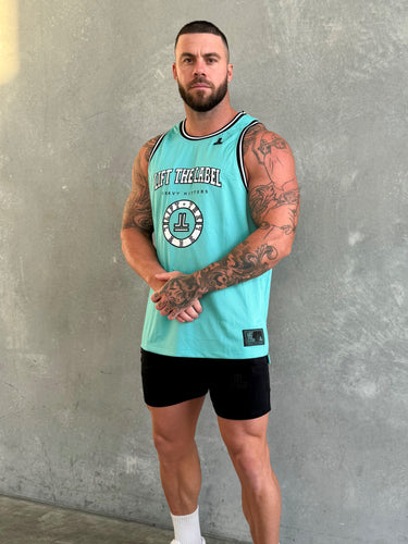 College Logo Jersey Tank in teal, mens gym tank by Lift The Label, view 3