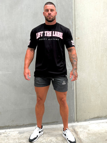 College Tee in black and pink, mens gym tee by Lift The Label, view 2
