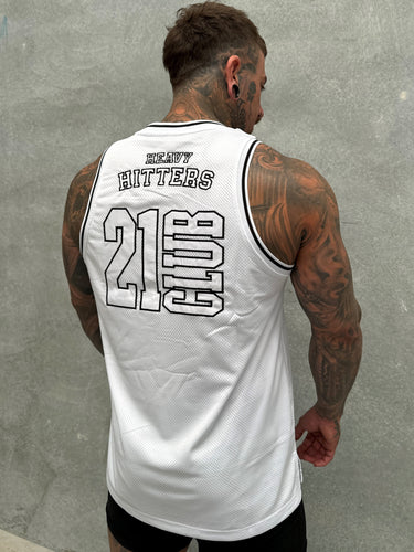 College Logo Jersey Tank in white and black, mens gym tank by Lift The Label, view 2