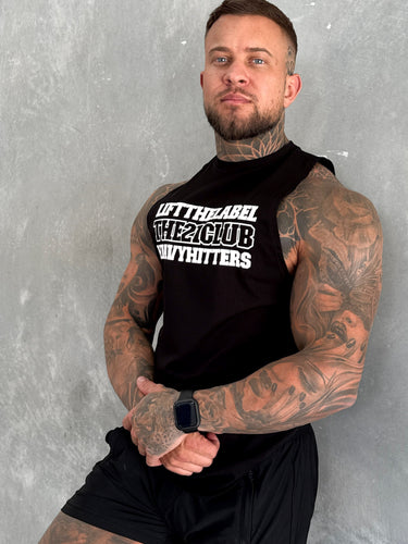 Trademark Tank in black and white, mens gym tank by Lift The Label, view 3