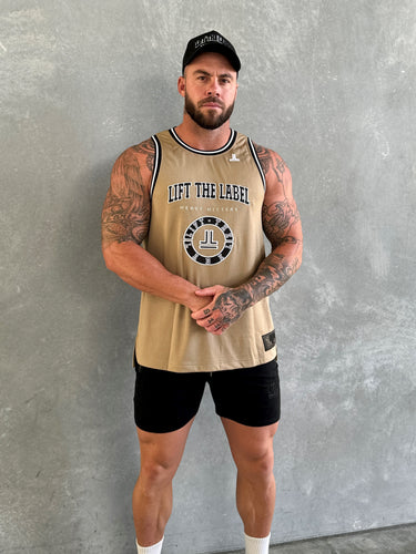 College Logo Jersey Tank in beige, mens gym tank by Lift The Label, view 3