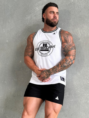 Varsity Jersey Tank in white and black, mens gym tank by Lift The Label, view 3