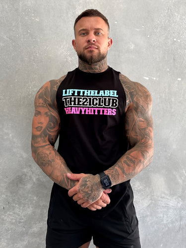 Trademark Tank in black, pink and teal, mens gym tank by Lift The Label, view 2