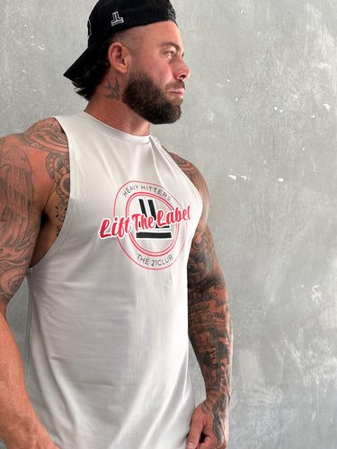 Varsity Tank in stone grey and red, mens gym tank by Lift The Label, view 2
