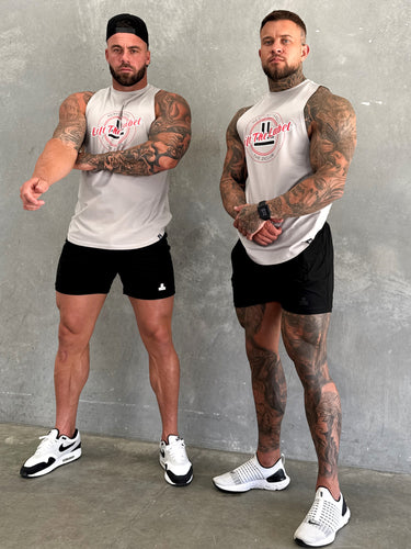 Varsity Tank in stone grey and red, mens gym tank by Lift The Label, view 3