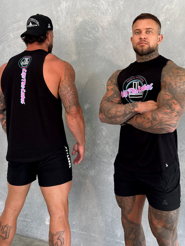 Varsity Tank in black, pink and teal, mens gym tank by Lift The Label, view 2