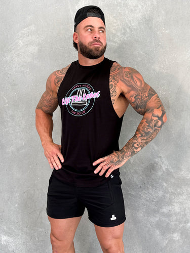 Varsity Tank in black, pink and teal, mens gym tank by Lift The Label, view 3