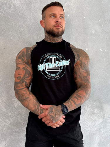 Varsity Tank in black and baby blue, mens gym tank by Lift The Label, view 3