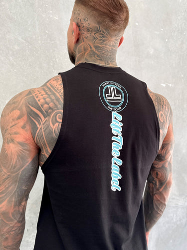 Varsity Tank in black and baby blue, mens gym tank by Lift The Label, view 2