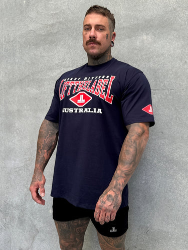Home Tee in navy and red, gym-to-street tee by Lift The Label