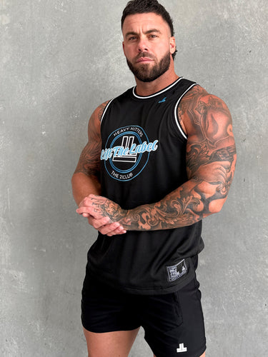 Varsity Jersey Tank in black and light blue, mens gym tank by Lift The Label, view 2