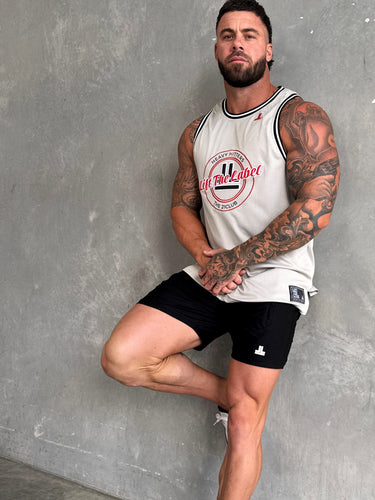 Varsity Jersey Tank in stone grey, mens gym tank by Lift The Label, view 3