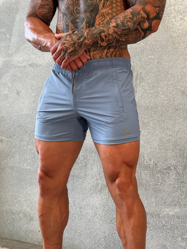 Della Squat Shorts in stone blue, mens gym shorts by Lift The Label, view 2
