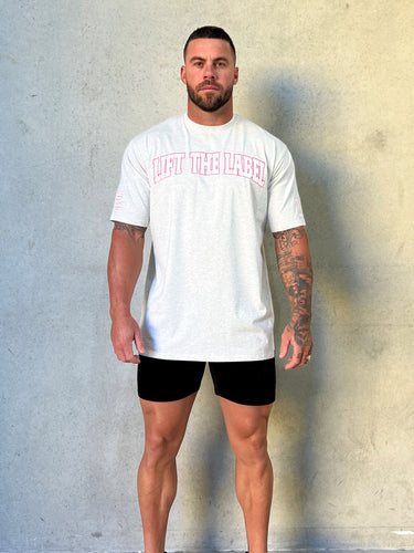 College Tee in grey marl and pink, mens gym tee by Lift The Label, view 2
