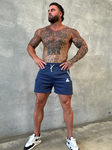 Game On Shorts in navy blue and grey, mens gym shorts by Lift The Label, view 2