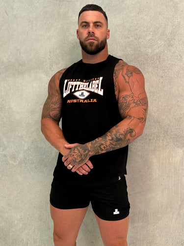 Home Tank in black and orange, mens gym tank by Lift The Label, view 3