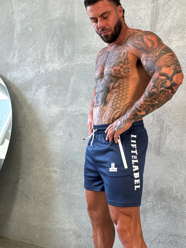 Game On Shorts in navy blue and grey, mens gym shorts by Lift The Label, view 3