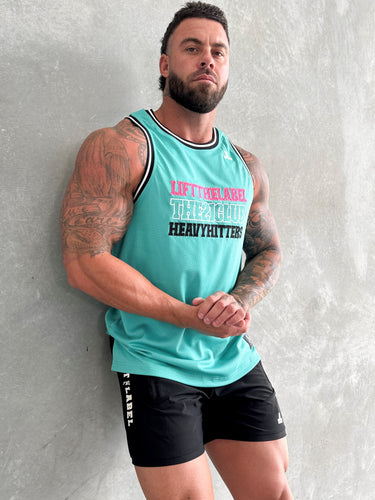 Trademark Jersey Tank in teal, black and pink, mens gym tank by Lift The Label, view 3