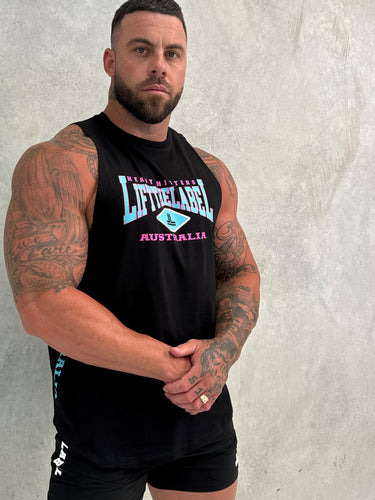 Home Tank in black, pink and teal, mens gym tank by Lift The Label, view 3