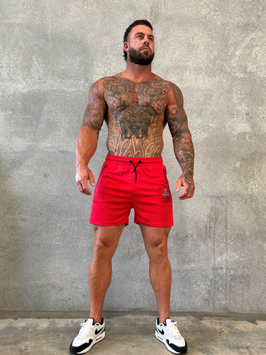 Game On Shorts in red and white, mens gym shorts by Lift The Label, view 2