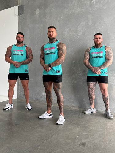 Trademark Jersey Tank in teal, black and pink, mens gym tank by Lift The Label, view 2