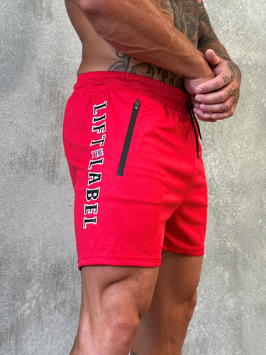 Game On Shorts in red and white, mens gym shorts by Lift The Label, view 3