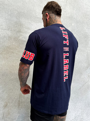 Team Hitter Tee in navy blue and red, mens gym tee by Lift The Label, view 2
