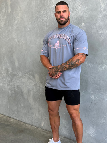 Ciaga Rose Tee in oxford blue and pink, mens gym tee by Lift The Label, view 2