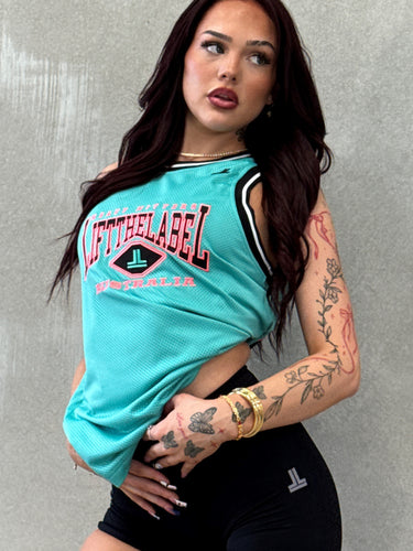 Home Logo Jersey Tank in teal, black and watermelon, mens gym tank by Lift The Label, view 2