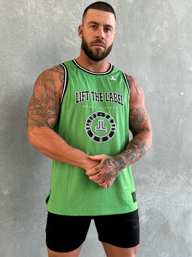 College Logo Jersey Tank in green, mens gym tank by Lift The Label, view 3