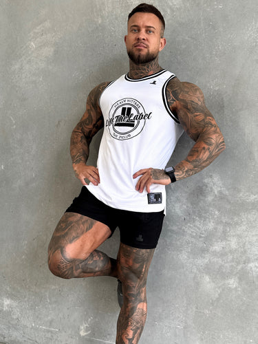 Varsity Jersey Tank in white and black, mens gym tank by Lift The Label, view 2