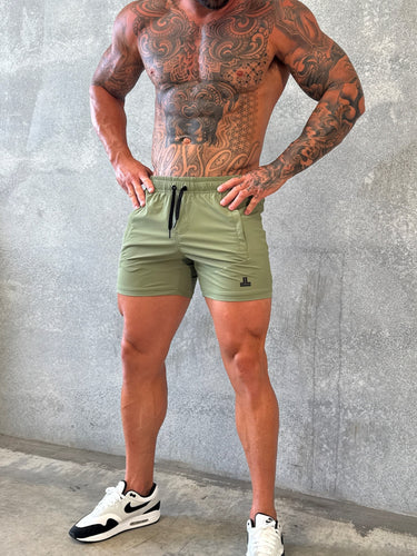 Della Squat Shorts in khaki, mens gym shorts by Lift The Label, view 2