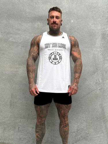 College Logo Jersey Tank in white and black, mens gym tank by Lift The Label, view 3