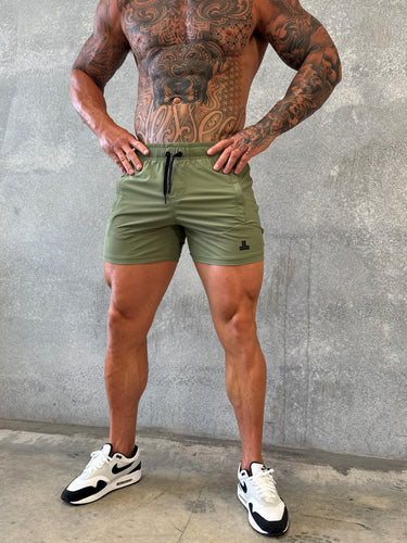 Della Squat Shorts in khaki, mens gym shorts by Lift The Label, view 3