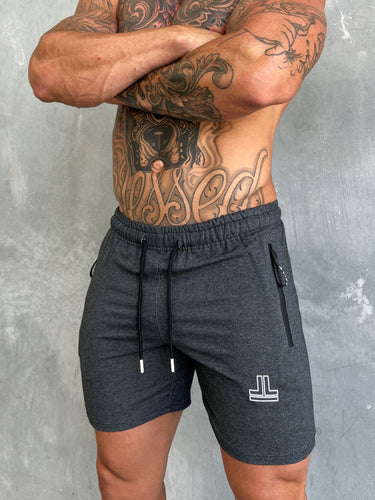 End Fit Tapered Shorts in washed black and white, mens gym shorts by Lift The Label, view 2