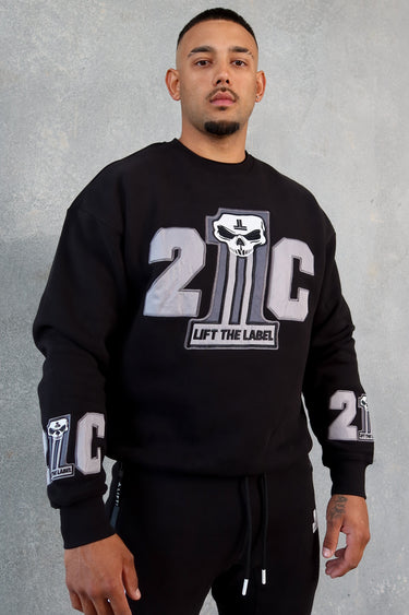 21C Skull Crew in black and grey, mens gym jumper by Lift The Label, view 2