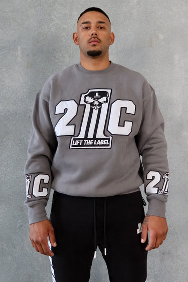 21C Skull Crew in dark stone grey, mens gym jumper by Lift The Label, view 3