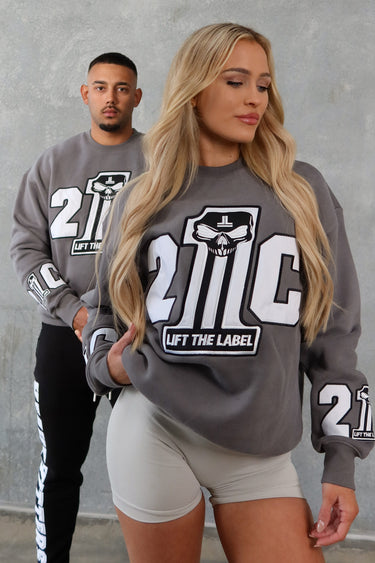 21C Skull Crew in dark stone grey, mens gym jumper by Lift The Label, view 2