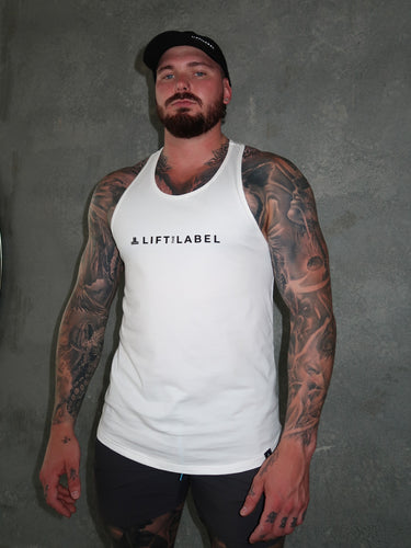 B2B T-Back in white and black, mens gym tank by Lift The Label, view 3