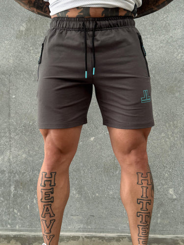 End Fit Tapered Shorts in dark grey brown and teal, mens gym shorts by Lift The Label, view 3