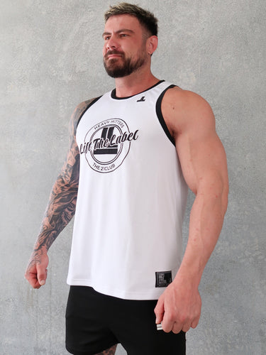Varsity Jersey Tank 2.0 in white and black, mens gym tank by Lift The Label, view 3