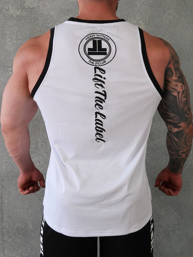 Varsity Jersey Tank 2.0 in white and black, mens gym tank by Lift The Label, view 2