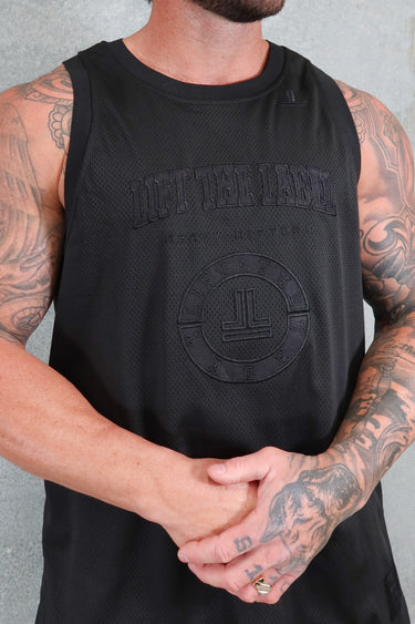 College Jersey Tank in black on black, mens gym tank by Lift The Label, view 2