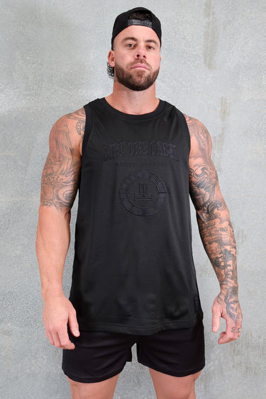 College Jersey Tank in black on black, mens gym tank by Lift The Label, view 3