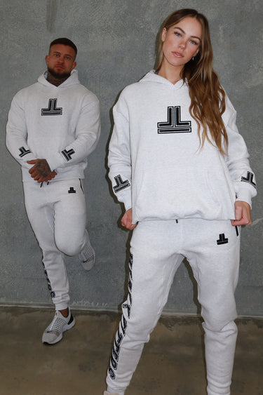Donny Hoodie in grey marle by Lift The Label, worn as full tracksuit by two models