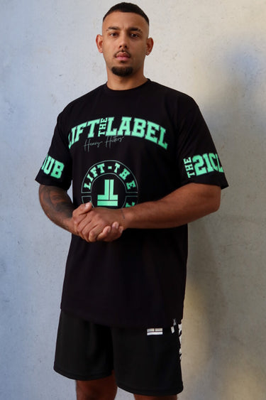 Prints Tee in black and lime green, mens gym tee by Lift The Label, front view on male model