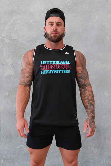 Trademark Jersey Tank in black, teal and pink, mens gym tank by Lift The Label, view 3