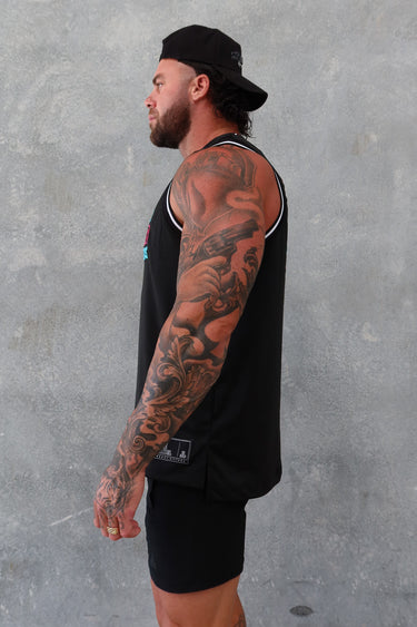 Trademark Jersey Tank in black, teal and pink, mens gym tank by Lift The Label, view 2