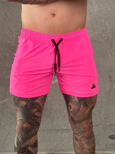 Della Squat Shorts in hot pink and black, mens gym shorts by Lift The Label, view 3