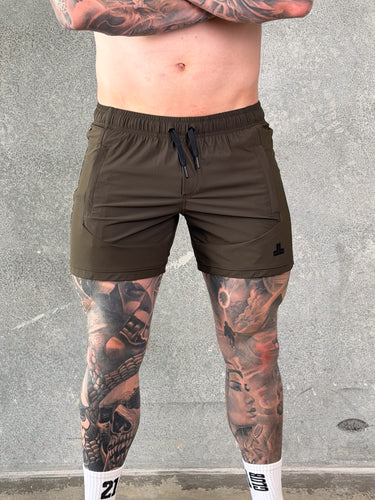 Della Squat Shorts in khaki and black, mens gym shorts by Lift The Label, view 2